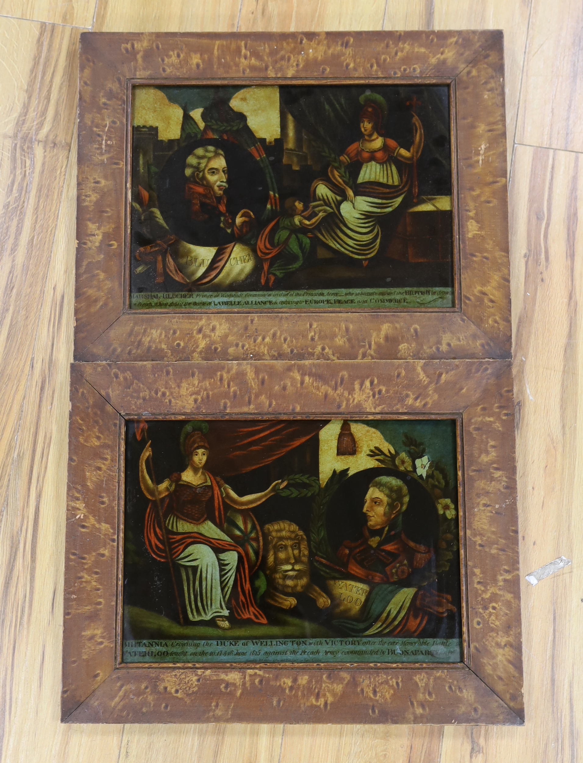 A pair of 19th century framed reverse painted prints on glass, in celebration of the Victory at the Battle of Waterloo, showing Britannia with the Duke of Wellington and Britannia with Marshall Blucher, in simulated bird